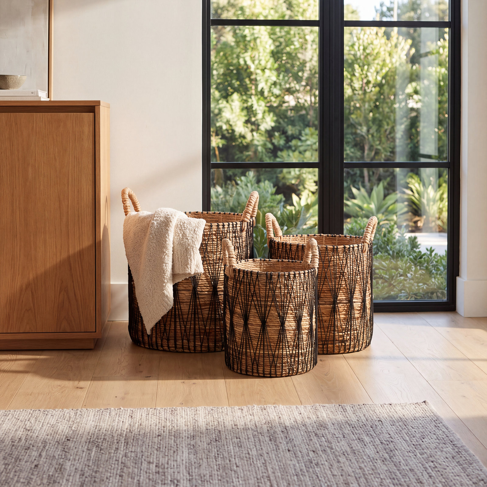 Banana Leaf Handmade String Detail Decorative and Functional Storage Basket with Handles
