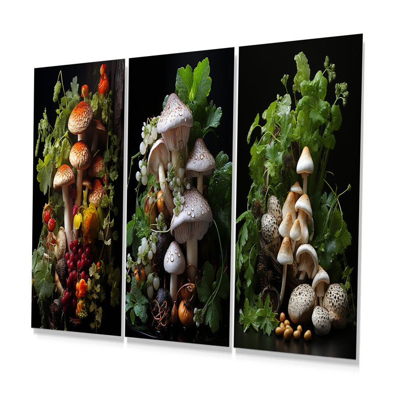 Panier de champignon, peinture I - champignon, art mural en métal, ensemble de salon 3, H 28 po x l 36 po