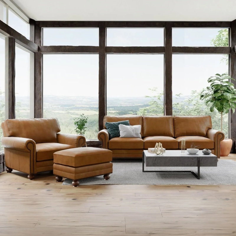 Charleston 112" Deeper and Wider 100% Full Top Grain Leather Sofa, Legends Almond