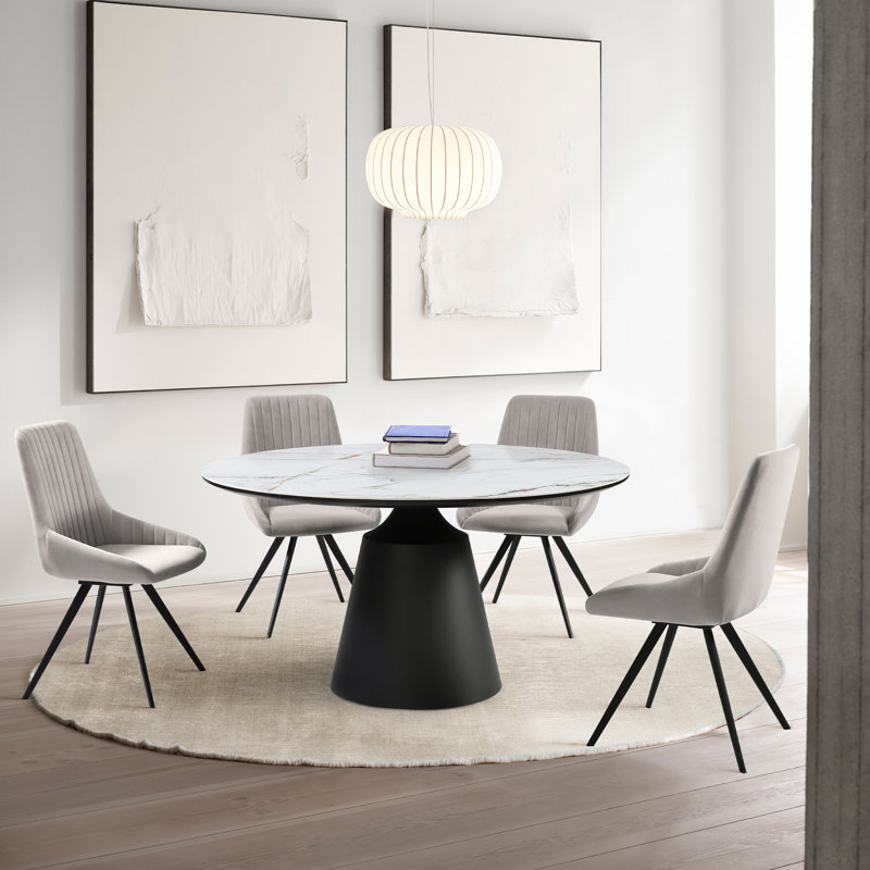 Ensemble de salle à manger à piédestal moderne 5 pièces avec chaises en velours gris Calasia