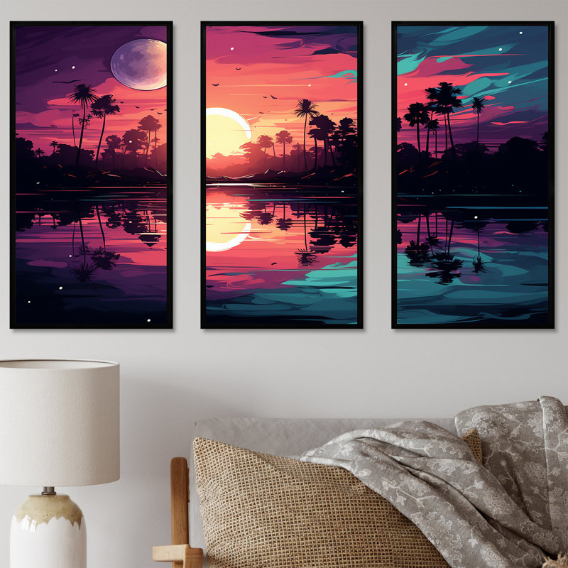Mauve coucher de soleil audacieux - art mural coucher de soleil côtier, H 28 po x l 36 po x P 1 po, Cadre flottant noir