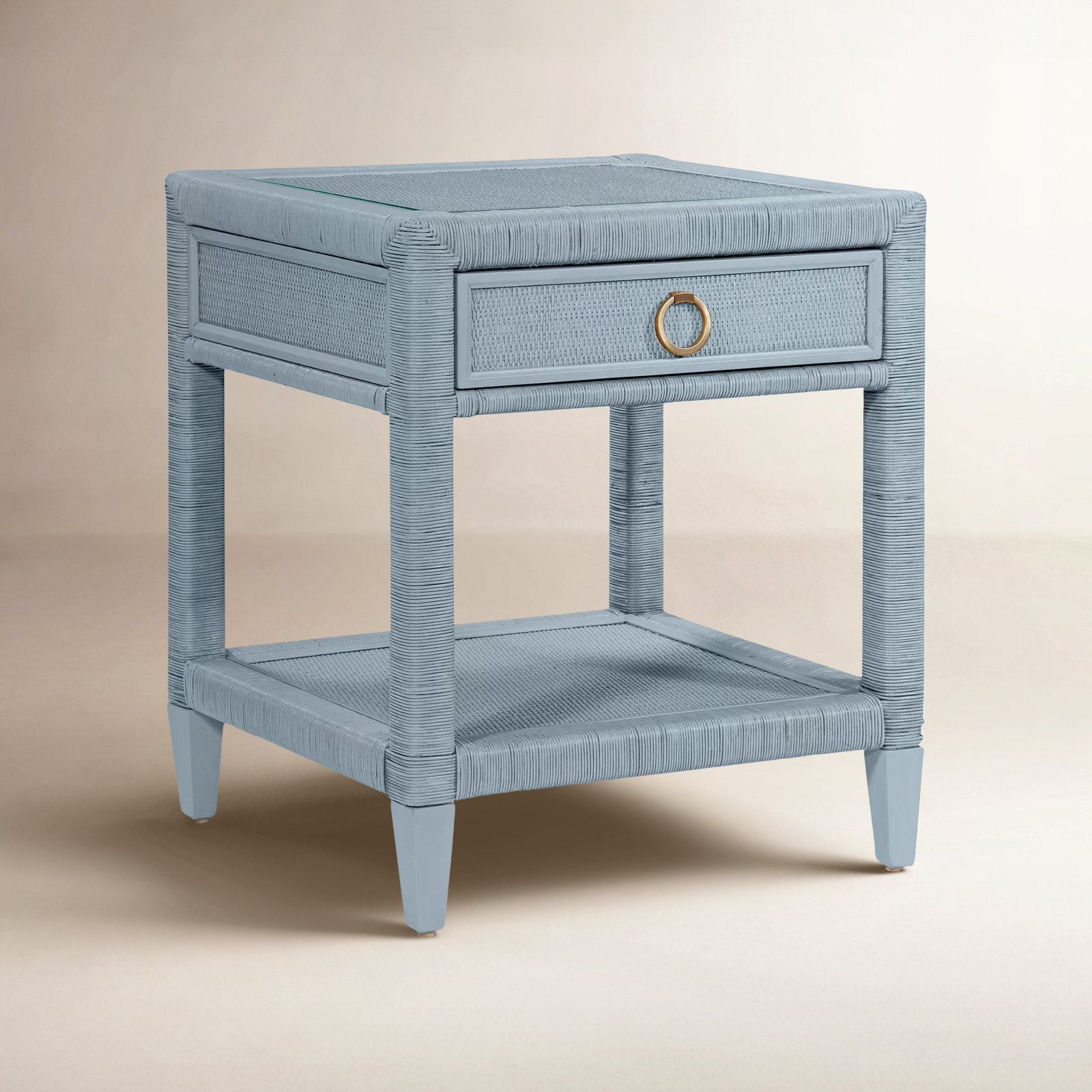 Warwick 1 - Drawer Wicker/Rattan Nightstand, Sea Glass, Satin Brass