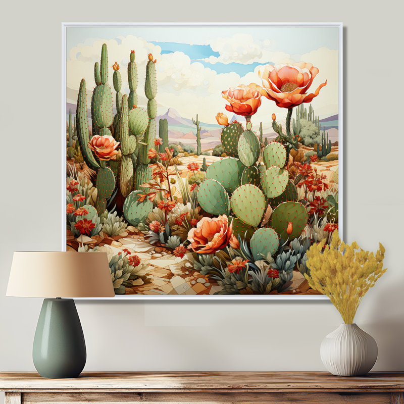 Corail vert cactus désert pointillisme III - art mural de cactus pour le salon, H 30 po x l 30 po x P 1 po
