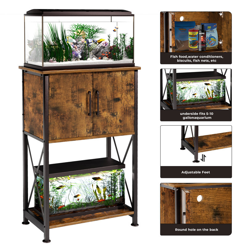 Rustic Brown Metal Fish Tank Stand with Storage Cabinet