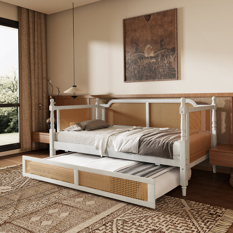 Lit de jour en rotin avec couchette, Lit simple, Blanc antique