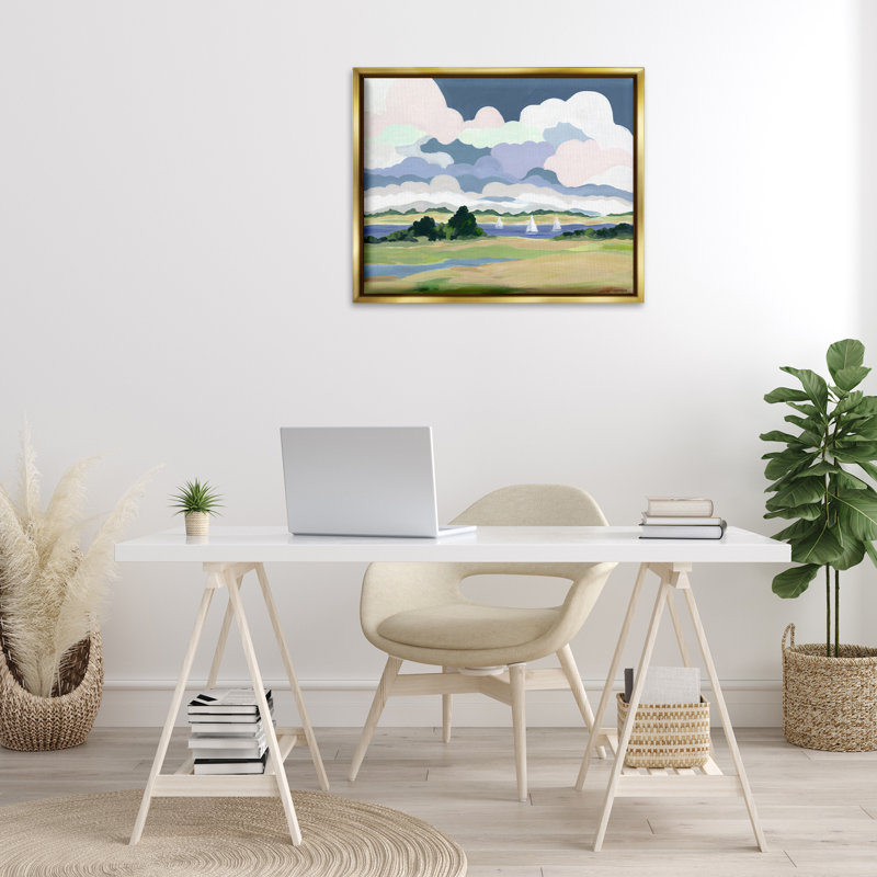 "Billowing Clouds Countryside Gray", art mural sur toile flottante par Jennifer Brinley, Cadre flottant métallique doré