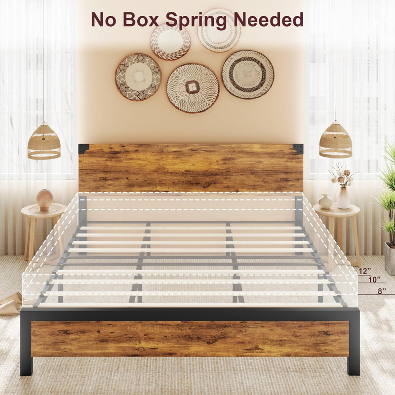 Bed Frame With Wooden Headboard, Under-Bed Storage And Metal Legs. Noise-Free Operation, No Box Spring Required, King