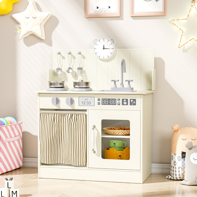 Kids Kitchen Playset With Ample Storage, Interactive Play Kitchen With Simulated Gas Tray, Sink, Faucet, 6 Pcs Cookware, Educational Clock For Toddlers(Cream)