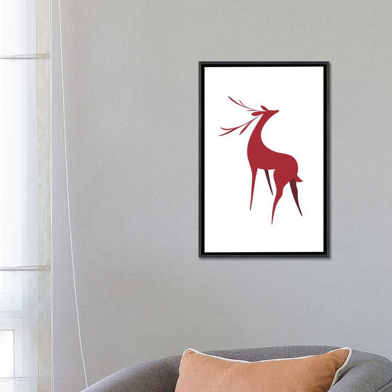 Cerf stylisé rétro en rouge - reproduction d'art encadrée, H 26 po x l 18 po, Reproduction encadrée sans passe-partout