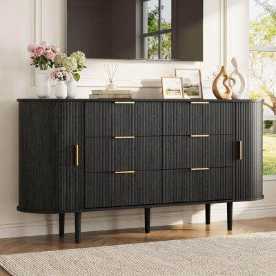 Mid Century Modern TV Stand for TVs, Entertainment Center with 6 Drawers and Fluted Sliding Doors, TV Console for Living Room, Bedroom