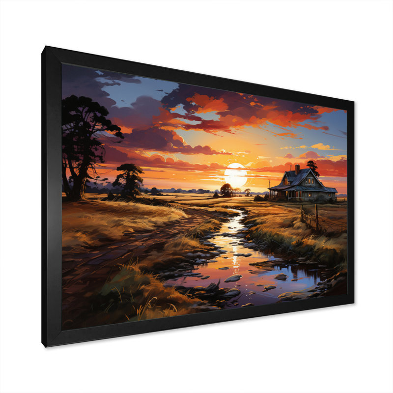 Markina " Farmhouse Sunset ", Cadre simple noir, H 16 po x l 32 po x P 1 po