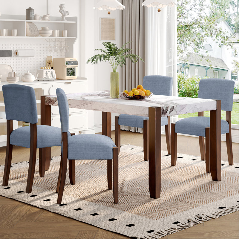 Ensemble de table de salle à manger 5 pièces pour 4 personnes, table de style faux marbre de 46 po et 4 chaises rembourrées avec pieds en bois d'hévéa massif, siège rembourré, dossier incurvé, ensemble de coin-repas peu encombrant pour la salle à manger, gris