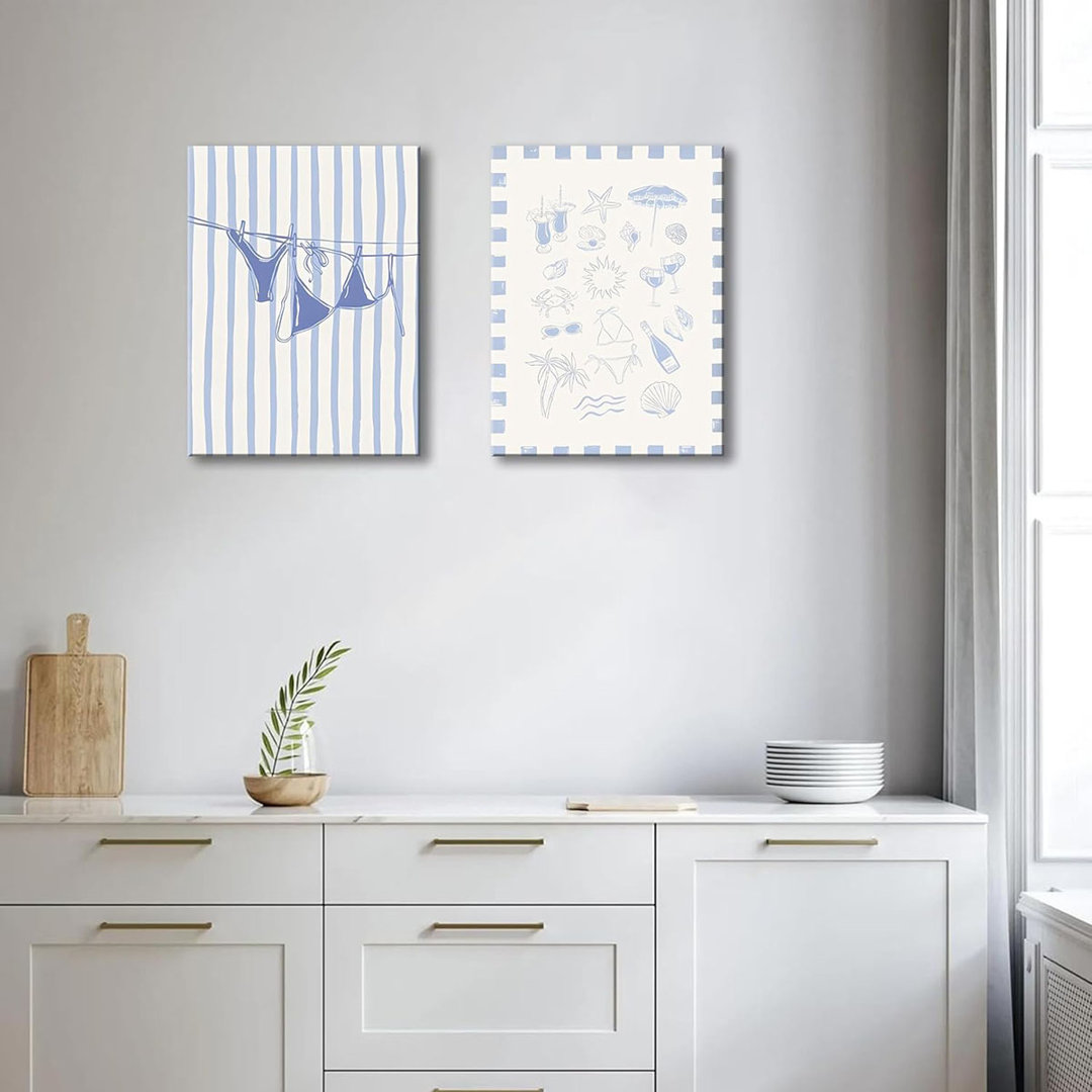 Trendy Coastal Canvas Wall Art Set Of 2, Blue Bikini Granddaughter Room Wall Decor Paintings, Preppy Coastal Shell Girls Dorm Posters Prints Pictures