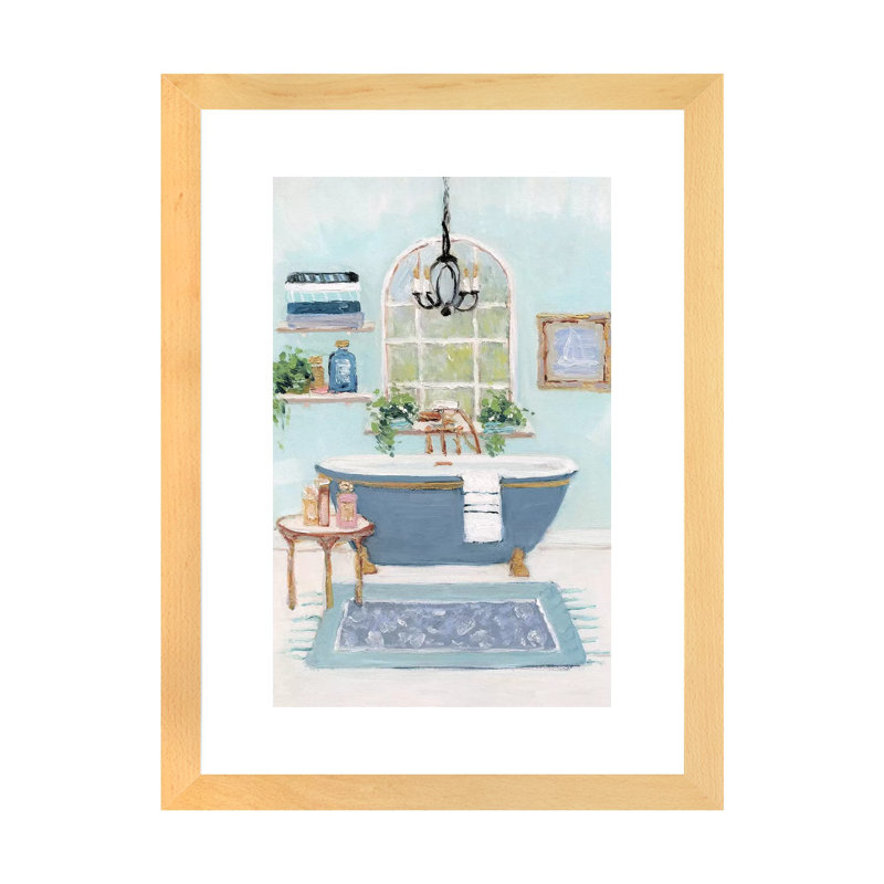 «Blue Bath I» par Sally Swatland - reproduction d'art, H 32 po x l 24 po x P 1 po, Toile avec cadre en bois beige, Blanc