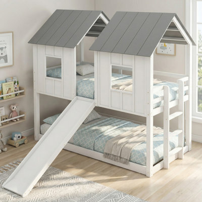 Lit superposé simple en bois massif avec glissoire et fenêtre pour chambre à coucher