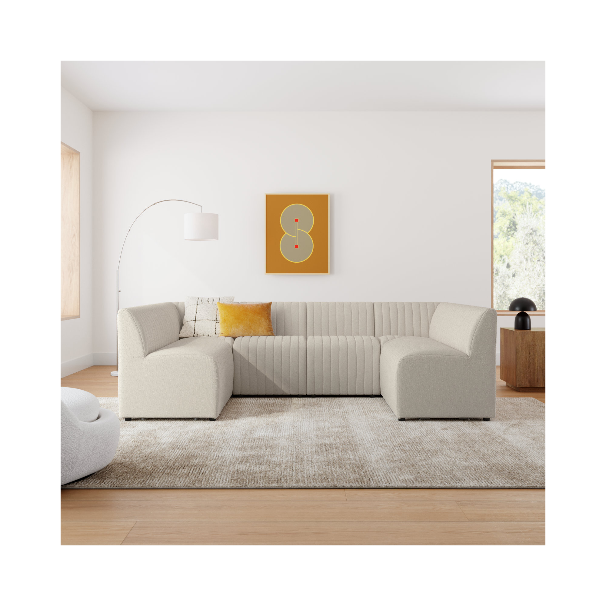 Brandt 106" Wide Symmetrical Modular Corner Sectional, Capri Oatmeal Boucle, 31.5" H X 106" W x 66.5" D