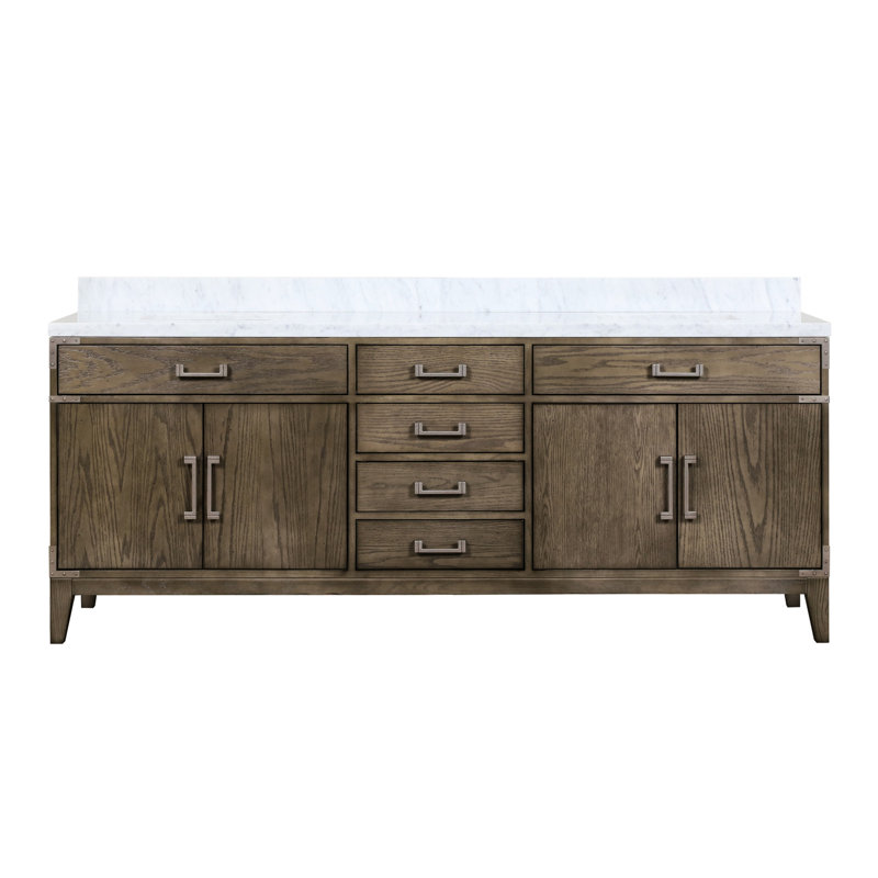 84 po Double vasque de salle de bain en chêne gris avec plateau en marbre - structure en bois massif, conception à fermeture douce, deux armoires, quatre tiroirs et tablette ouverte pour un espace de rangement généreux, comptoir poli à la main, pré-percé