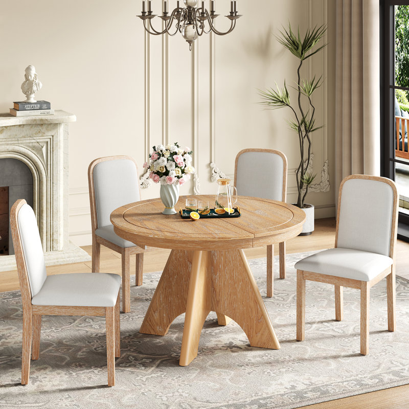 Ensemble de table de salle à manger 5 pièces avec plateau de table extensible, Naturel