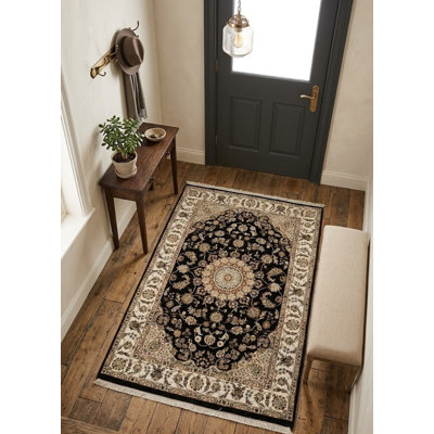 Black Floral 3'5x5'5 Indo-nain Oriental Rug