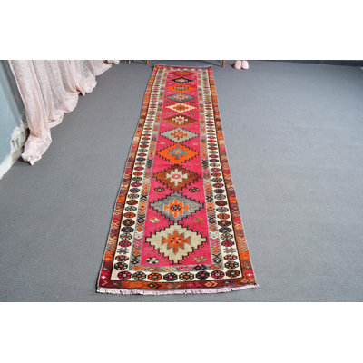 31.9x130.3 Inch Pink Wool Kilim Patchwork Runner Rug, Unique Handcrafted Design
