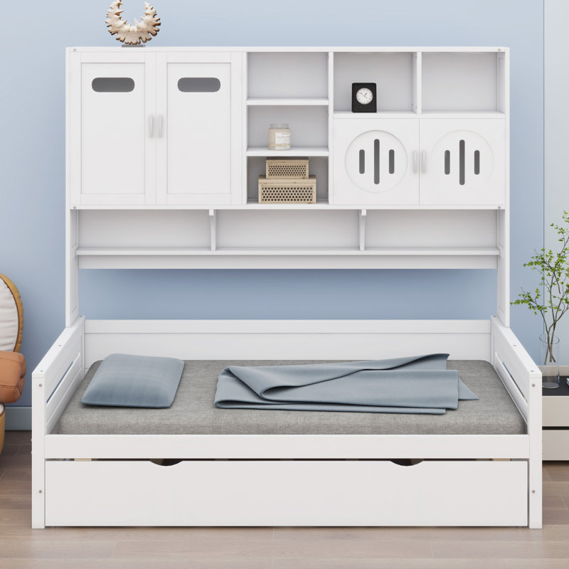 Lit de jour en bois avec lit gigogne, armoire et tablette tout-en-un, Blanc