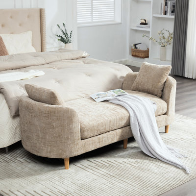 Banc rembourré de 77,17 po de largeur avec accoudoirs, canapé-lit en chenille avec 2 traversins, lit de jour avec pieds en bois d'hévéa pour salon, chambre à coucher, appartement et chambre d'amis
