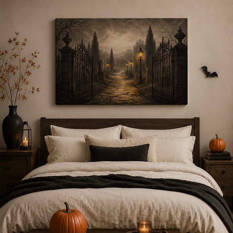 Toile ouverte sur un chemin pavé brumeux et halloween, H 28 po x l 40 po
