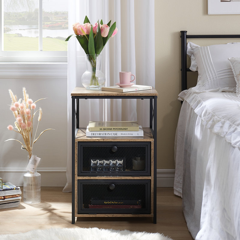 Kempst Nightstand Set 2, Small Bedside Table with Drawers, Narrow Side End Table with Open Shelf, 2 Drawer Dresser for Bedroom/Living Room/Dorms