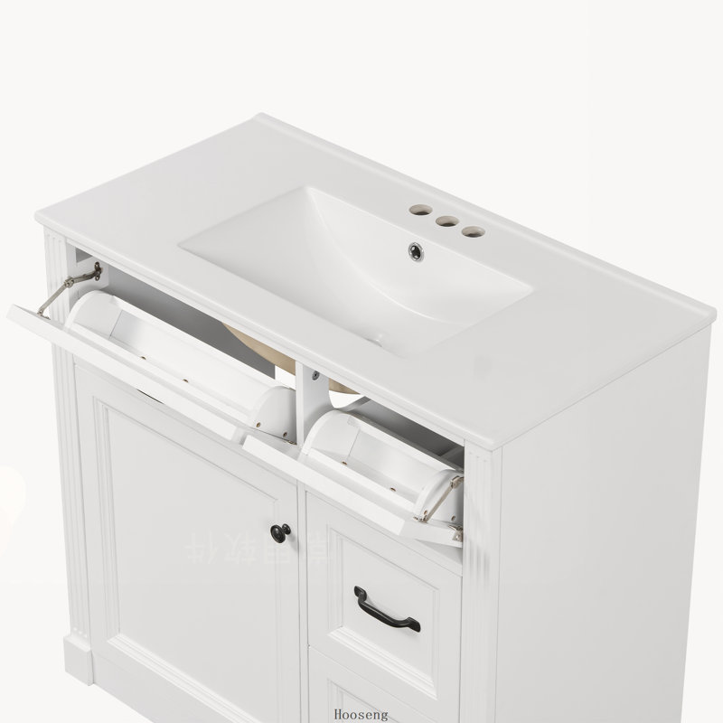Meuble-lavabo autoportant de 36 po avec comptoir d'évier, armoire en panneau de fibres à densité moyenne avec 4 tiroirs, porte à fermeture en douceur et tablette réglable, lavabo en céramique, blanc