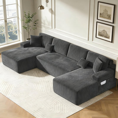 126.2" U-Shaped Modular Sectional Sofa with Double Chaise, Convertible Corduroy Couch, Compression Sofa in a Box & No Assembly Required, with Storage Pockets & Adjustable Pillow Back for Living Room