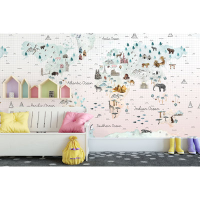 Papier peint doux avec mappemonde, Petits animaux et repères célèbres