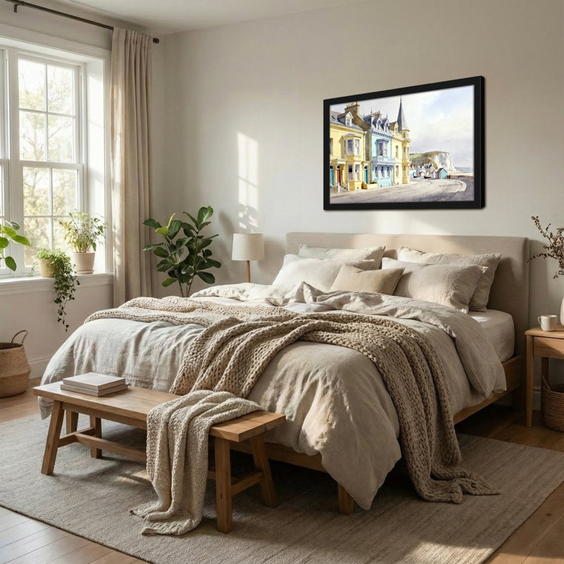 Scène d'aquarelle de maisons côtières colorées, H 12 po x l 18 po