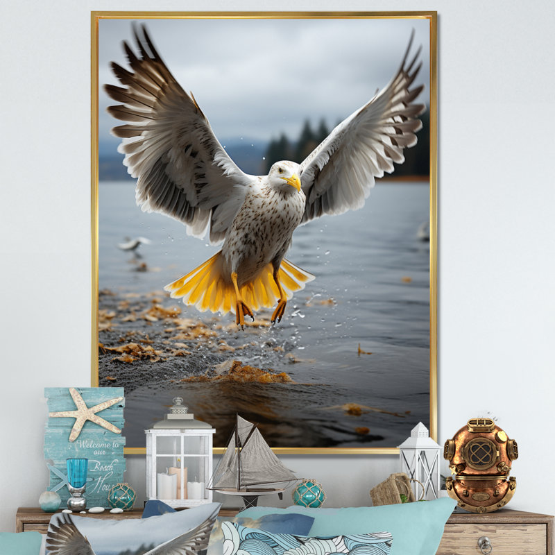 Coastal Seagull Soaring - Nautical & Beach Wall Art Living Room, H 32 po x l 24 po x P 1 po, Cadre flottant doré