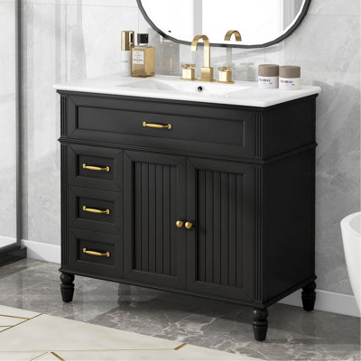 [Vidéo] Meuble-lavabo de 36 po avec lavabo, armoire de salle de bain avec tiroirs, cadre solide et panneau de fibres à densité moyenne, un paquet, noir