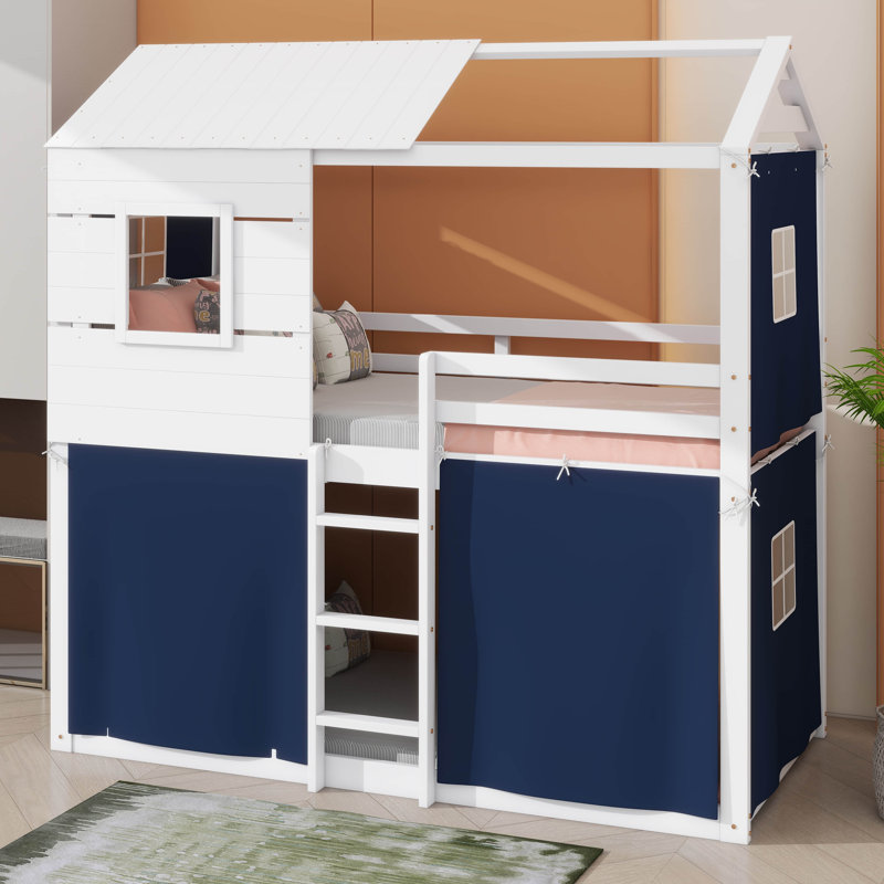 Twin-Sized Wooden Bunk Bed, Cottage-Style Bed With Windows And Play Tent, Low Loft Bed Frame With Secure Guardrail, Twin