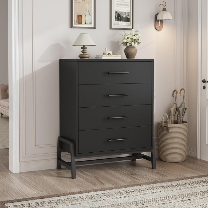 Commode haute, structure en bois massif avec finition noire, hauteur 38,6 pouces, coffre de rangement autoportant pour chambre à coucher ou entrée, style moderne