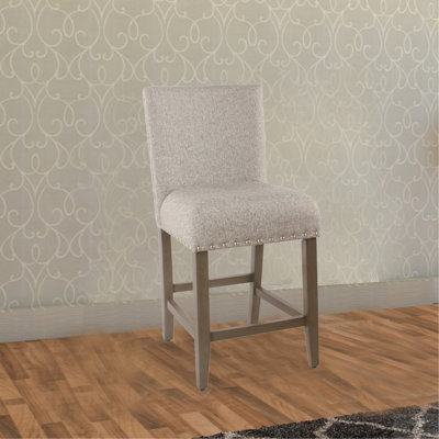 Fabric Upholstered Wooden Counter Stool With Striking Nail Head Trims, Gray And Brown