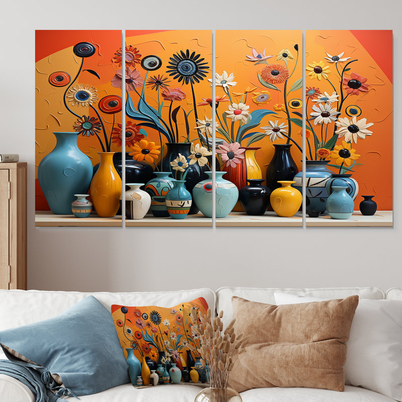 «Orange Boho Pottery Expressions II», art mural 4 pièces, H 32 po x l 64 po