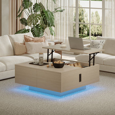 Square Lift-Top Coffee Table with LED Lights & Charging Station, 31.5" Modern Wooden Table with 2 Drawers & Hidden Storage for Living Room (White) by Latitude Run