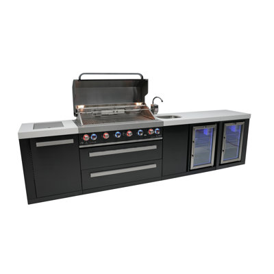 Mont Alpi Premium 132"W x 23"D x 46"H Black Stainless Steel Modular Outdoor Kitchen Island with 2 Refrigerators + Beverage Center Faucet & Sink + 44"W 6-Burner BBQ Gas Grill + Granite Countertops + Storage + Natural Gas Convertible + Lifetime Warranty