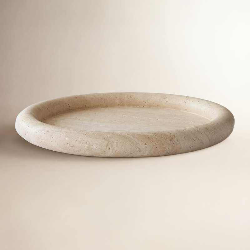 Petit plateau rond en travertin crème, H 1,6 po x l 8 po x P 8 po