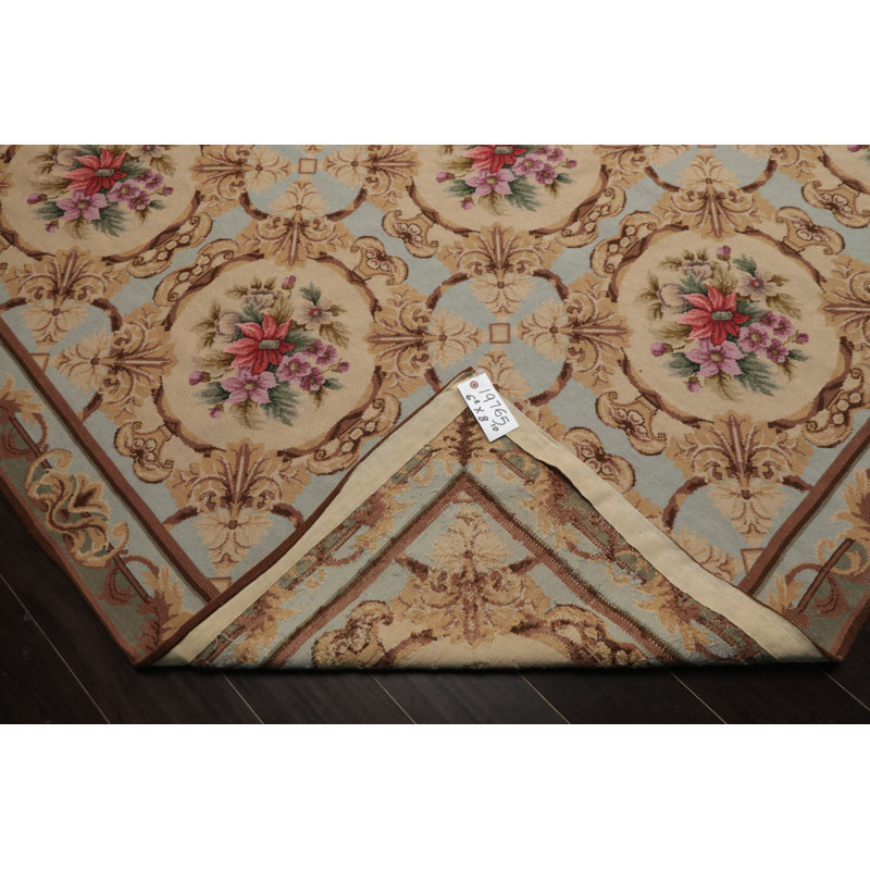 Tapis traditionnel en laine tissé à la main 6 pi 2 po x 8 pi 2 po Aqua Aubusson