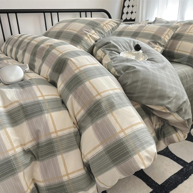 Ensemble de housse de couette 100% coton Modern Design, Tissu écossais vert