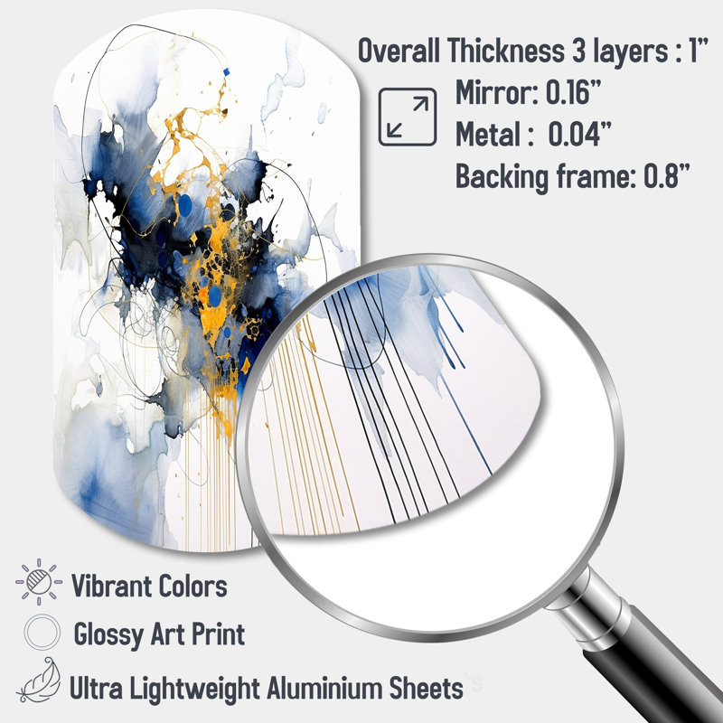 Dark Blue and Gold Strokes XIII - Fractals Asymmetrical Metal Wall Decor, Modern Cylinder Metal Art Print