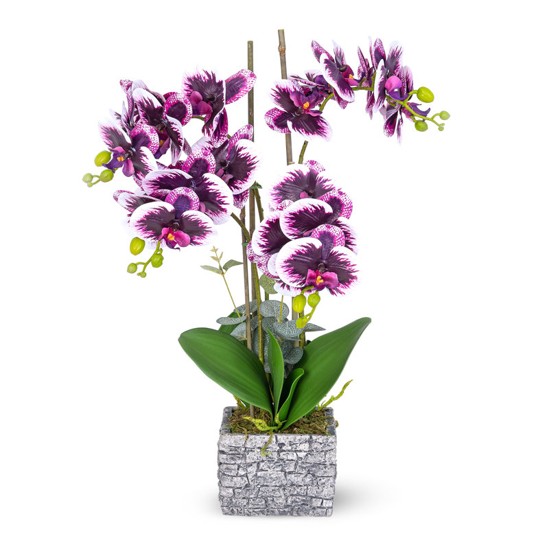 Faux orchidée mauve avec pot de fleurs en brique grise, H 15 po x l 10 po x P 7 po