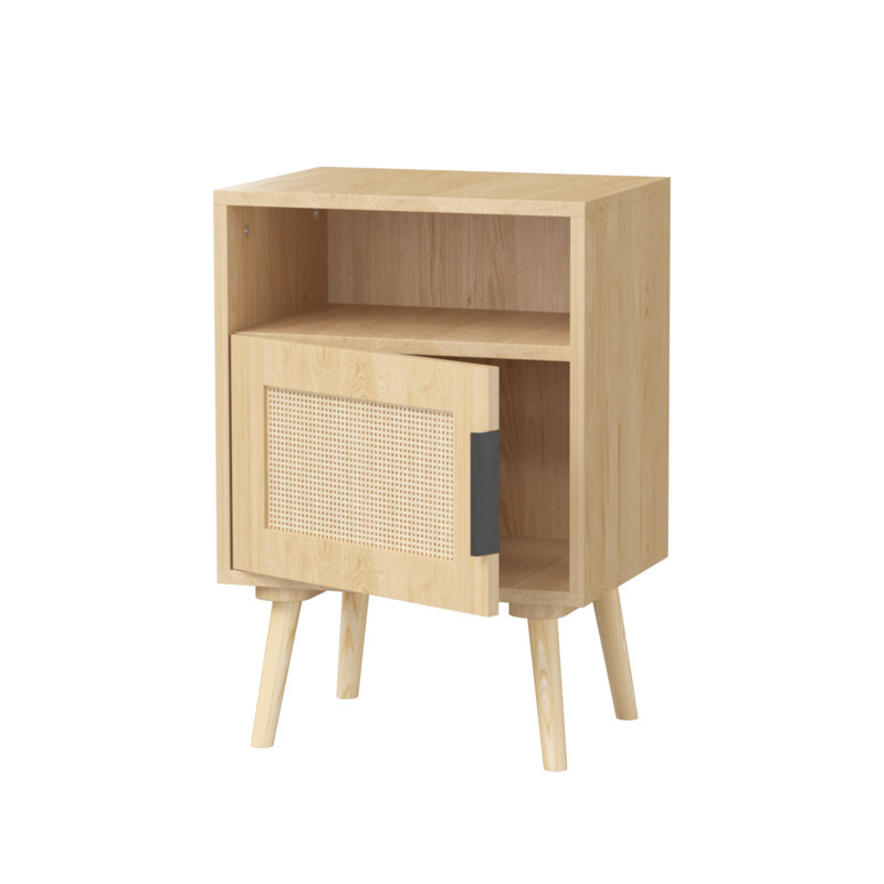 Accent Rattan Nightstand, Side Table With Door & Open Shelf For Bedroom, Dorm And Small Spaces
