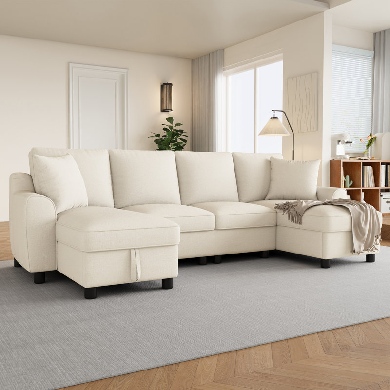 U-Shaped 4 Seat Sectional Sofa with 2 Storage Chaise Lounges, 2 Square Cushions, Beige Chenille