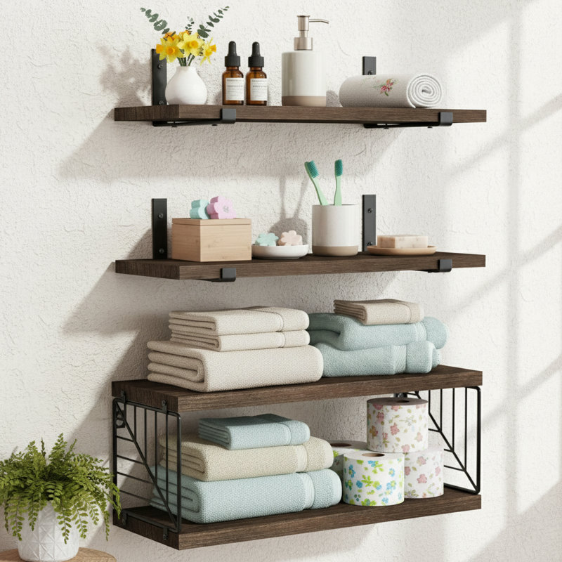 3+1 Tier Bathroom Floating Shelves Over Toilet, Farmhouse Wood Wall Shelves for Bathroom Living Room Bedroom Kitchen