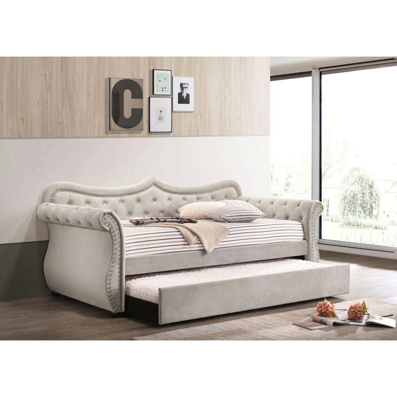 Beige Upholstered Twin Daybed with Trundle