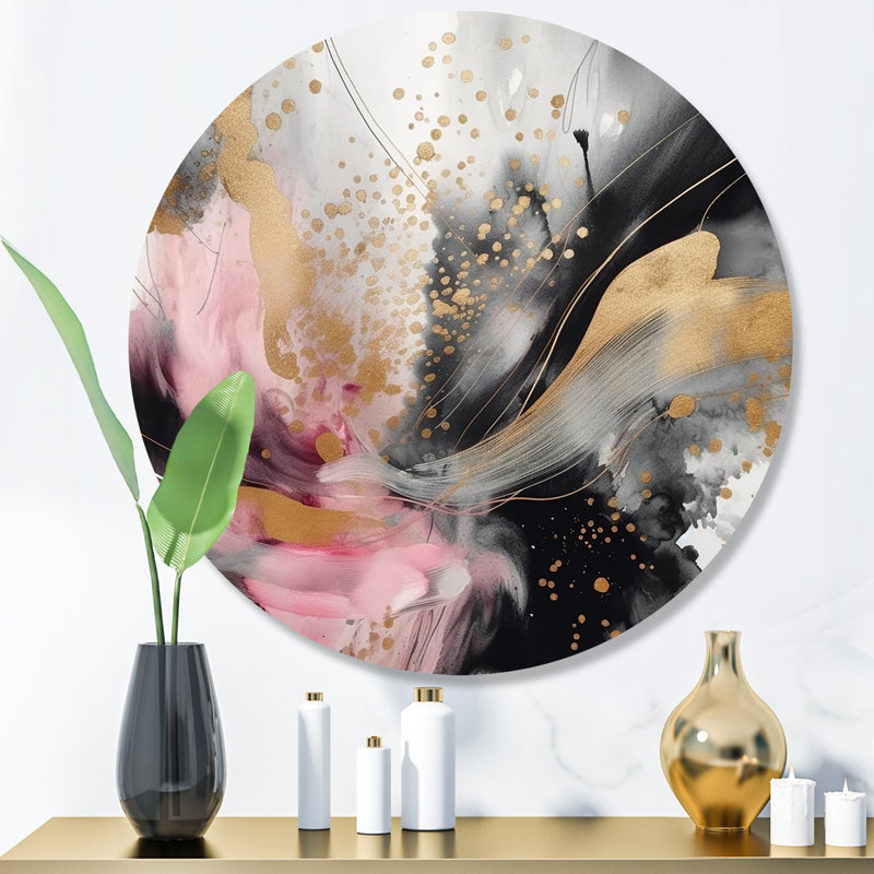 Texture or rose rose Splash Marble III - art abstrait rond en marbre sur métal, H 23 po x l 23 po x P 1 po
